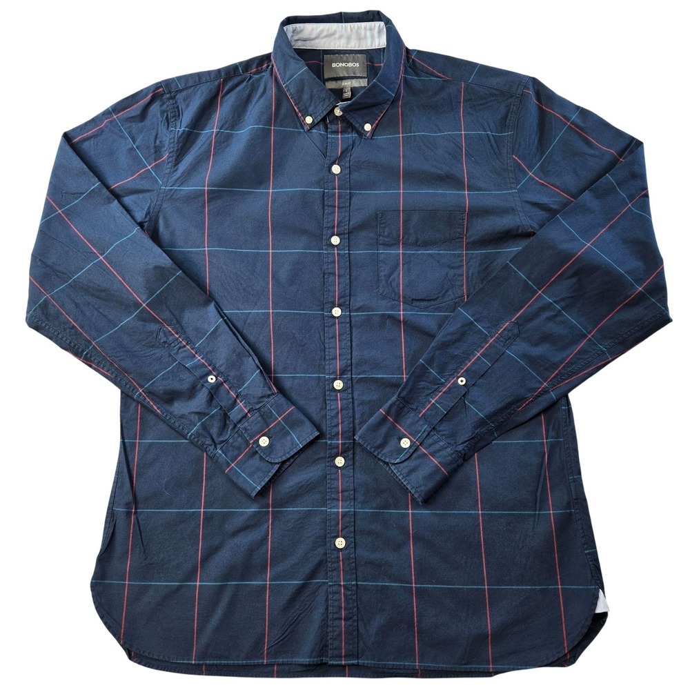 Bonobos Shirt Mens L Blue Long Sleeve Button Up Check Cotton Pockets Slim Fit